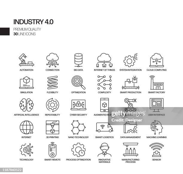 ilustrações, clipart, desenhos animados e ícones de conjunto simples de ícones da linha de vetores relacionados à indústria 4.0. coleção de símbolos de esboço. - indústria eletrônica