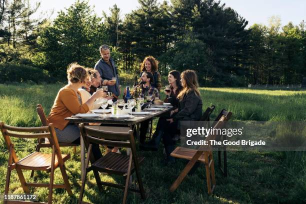 friends sharing a toast at outdoor dinner party - rustic table stock pictures, royalty-free photos & images