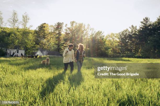 cheerful friends walking on grassy field - girlfriend stockfoto's en -beelden