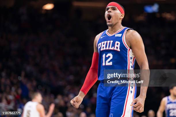 Tobias Harris of the Philadelphia 76ers reacts against the Denver Nuggets in the third quarter at the Wells Fargo Center on December 10, 2019 in...