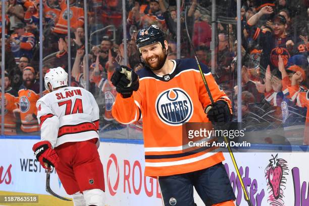 Zack Kassian of the Edmonton Oilers celebrates after a goal during the game against the Carolina Hurricanes on December 10 at Rogers Place in...