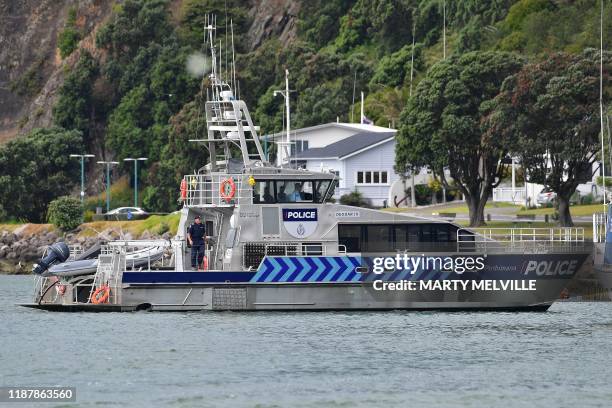 The police boat Deodar III arrives into Whakatane after police were unable to get onto White Island to recover the bodies of those killed by the...