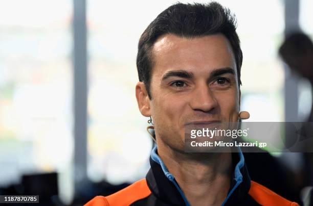 Dani Pedrosa of Spain speaks at television during the MotoGP Of Valencia - Free Practice at Ricardo Tormo Circuit on November 15, 2019 in Valencia,...