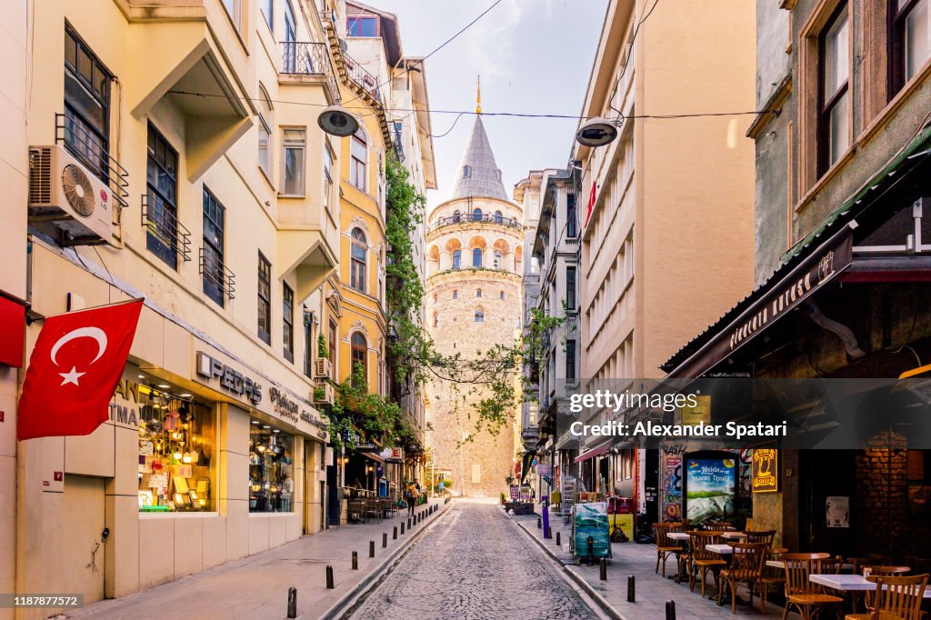 Street in Istanbul with Galata Tower in the center, Turkey