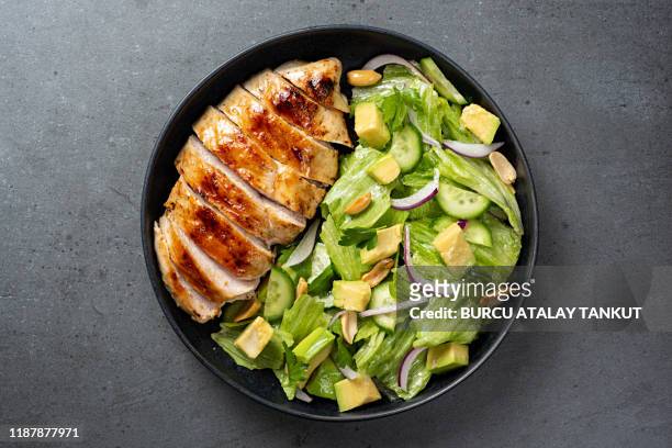 grilled chicken salad - avocato oil fotografías e imágenes de stock