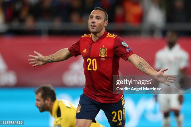 Santi Cazorla of Spain celebrates after scoring his team's second goal during the UEFA Euro 2020 Qualifier between Spain and Malta on November 15,...