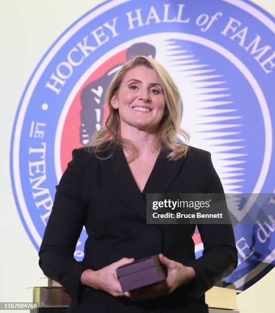 Hayley Wickenheiser attends a photo opportunity for the 2019 Induction Ceremony at the Hockey Hall Of Fame on November 15, 2019 in Toronto, Ontario,...