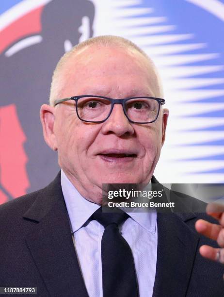 Jim Rutherford attends a photo opportunity for the 2019 Induction Ceremony at the Hockey Hall Of Fame on November 15, 2019 in Toronto, Ontario,...