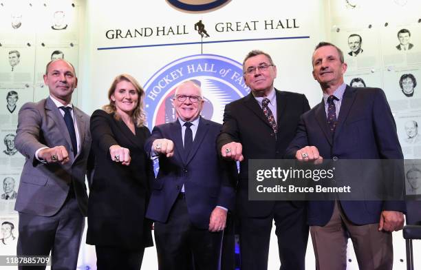 The Hockey Hall of Fame Class of 2019 Sergei Zubov, Hayley Wickenheiser, Jim Rutherford, Vaclav Nedomandsky and Guy Carbonneau appear at a photo...