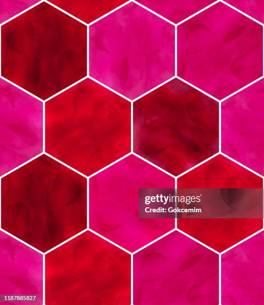ilustraciones, imágenes clip art, dibujos animados e iconos de stock de acuarela rojo y rosa hexágono patrón sin costuras. fondo abstracto, diseño element.vector tile honeycomb pattern, mosaico de hexágono geométrico árabe de lisboa, ornamento rojo y rosa sin costuras mediterráneo. - cultura tunecina