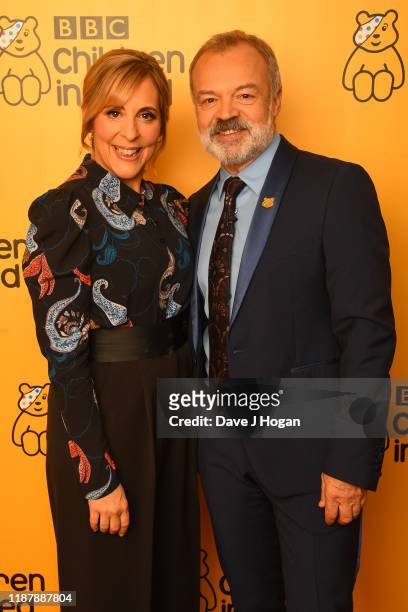 Mel Giedroyc and Graham Norton backstage at BBC Children in Need's 2019 Appeal night at Elstree Studios on November 15, 2019 in Borehamwood, England.