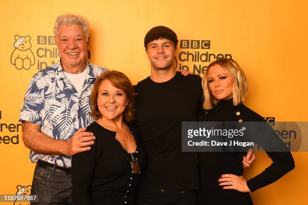 Matthew Kelly, Wendi Peters, Jay McGuinness and Kimberley Walsh backstage at BBC Children in Need's 2019 Appeal night at Elstree Studios on November...