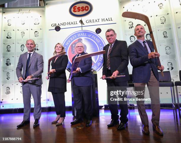 The Hockey Hall of Fame Class of 2019 Sergei Zubov, Hayley Wickenheiser, Jim Rutherford, Vaclav Nedomandsky and Guy Carbonneau appear at a photo...