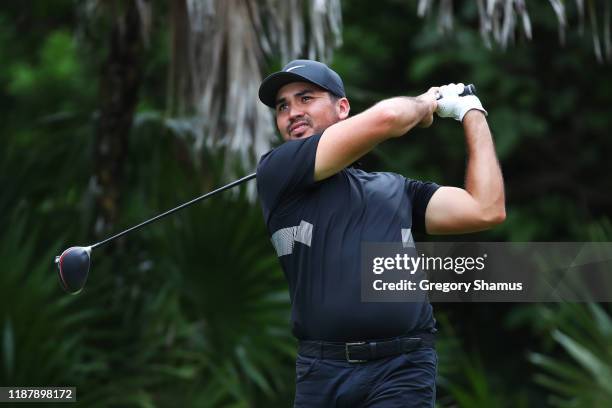 Jason Day of Australia plays his shot from the 13th tee during the first round of the Mayakoba Golf Classic at El Camaleon Mayakoba Golf Course on...