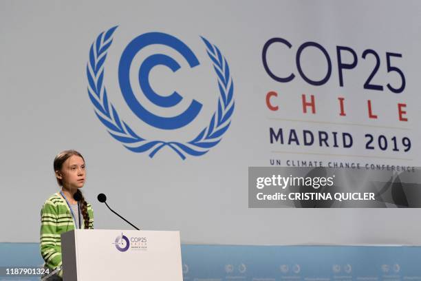 Swedish climate activist Greta Thunberg gives a speech during a high-level event on climate emergency hosted by the Chilean presidency during the UN...