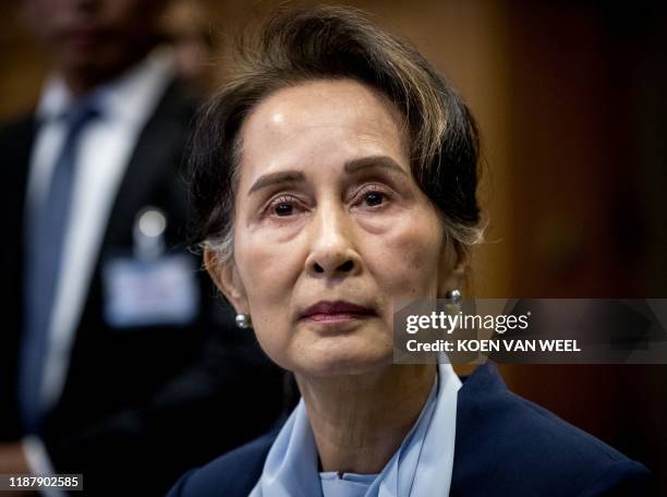 Myanmar's State Counsellor Aung San Suu Kyi looks on before the UN's International Court of Justice on December 11, 2019 in the Peace Palace of The...