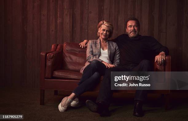 Actors Linda Hamilton and Arnold Schwarzenegger are photographed for 20th Century Fox on July 17, 2019 in Los Angeles, California.