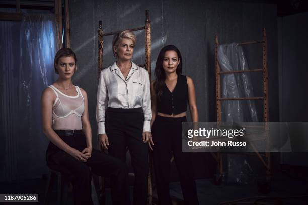 The cast of Terminator : Dark Fate Mackenzie Davis, Linda Hamilton and Natalia Reyes are photographed for 20th Century Fox on July 17, 2019 in Los...