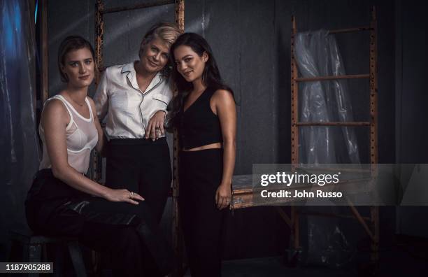 The cast of Terminator : Dark Fate Mackenzie Davis, Linda Hamilton and Natalia Reyes are photographed for 20th Century Fox on July 17, 2019 in Los...