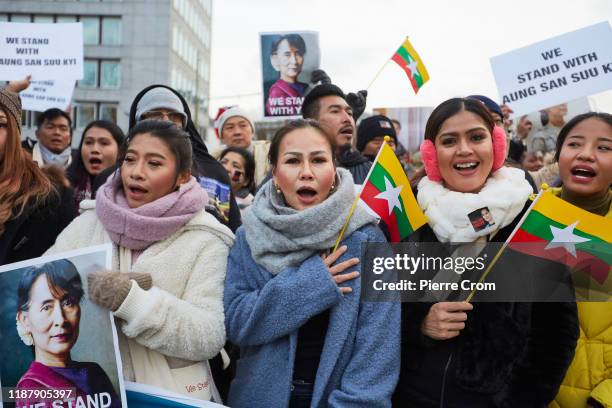 Aung San Suu Kyi supporters gather outside the Peace Palace in The Hague as Myanmar State Counsellor Aung San Suu Kyi leads its delegation to the...