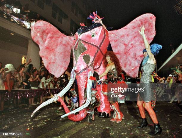 Susann D'Antonio , and Lynda Stuart, both of Big Pine Key, FL, lead "Ellery the Republican Elephant" down Duval Street 28 October, 2000 at Key West's...