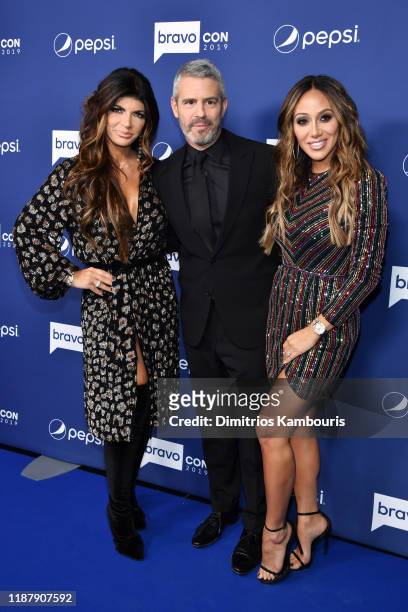 Teresa Giudice, Andy Cohen and Melissa Gorga attend the opening night of 2019 BravoCon at Hammerstein Ballroom on November 15, 2019 in New York City.
