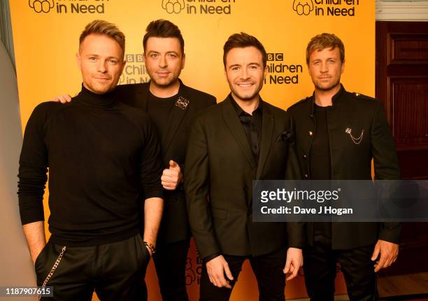 Nicky Byrne, Mark Feehily, Shane Filan and Kian Egan of Westlife backstage at BBC Children in Need's 2019 Appeal night at Elstree Studios on November...