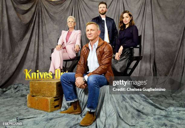 Actors Jamie Lee Curtis, Daniel Craig, Chris Evans and Ana de Armas attend the photocall for Lionsgate's "Knives Out" at Four Seasons Hotel Los...