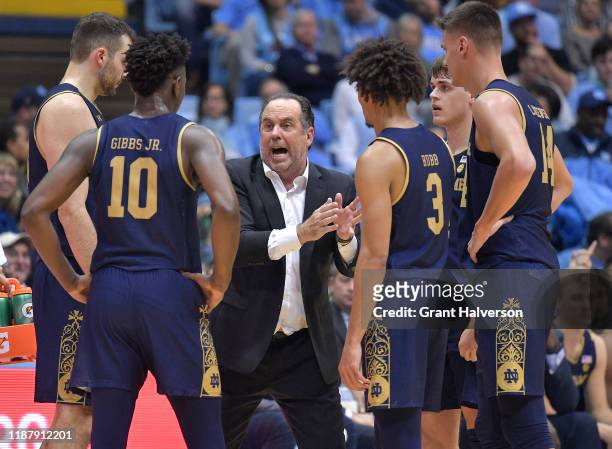 Head coach Mike Brey of the Notre Dame Fighting Irish during their game against the North Carolina Tar Heelsat the Dean Smith Center on November 06,...