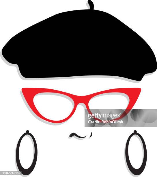 ilustraciones, imágenes clip art, dibujos animados e iconos de stock de femenino beret hipster cara - con barba y gafas