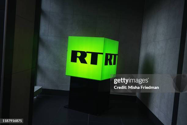 The RT logo displayed in its office on December 6, 2019 in Moscow, Russia. RT, formerly known as Russia Today, is a state-funded TV network that...