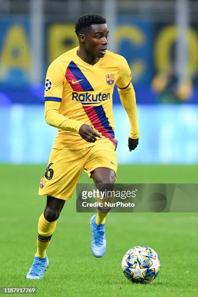 Moussa Wague of Barcelona during the UEFA Champions League stage match between Internazionale and Barcelona at Stadio San Siro, Milan, Italy on 10...