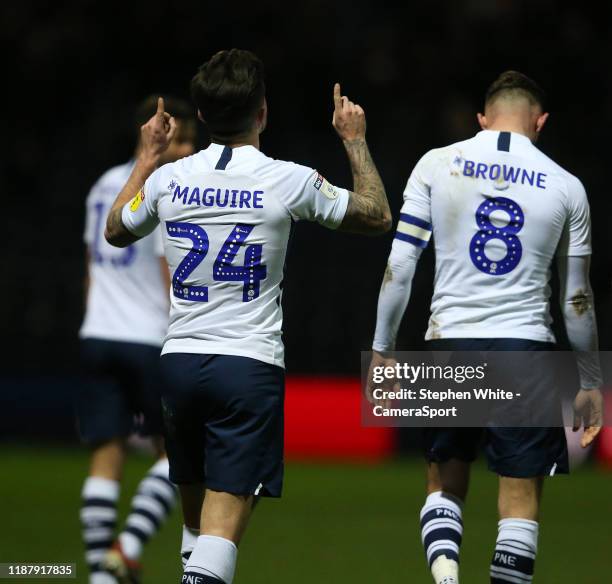 Preston North End's Sean Maguire celebrates scoring the opening goal during the Sky Bet Championship match between Preston North End and Fulham at...
