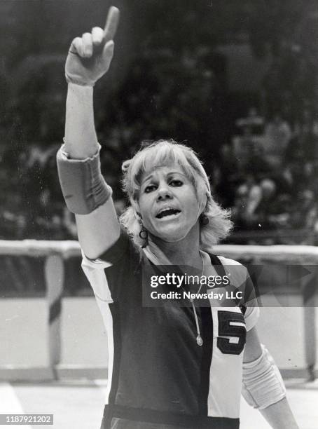 Ann Calvello, #58 of the Midwest Pioneers roller derby team, points in complaint to a referee's calll at a roller derby game at Madison Square Garden...