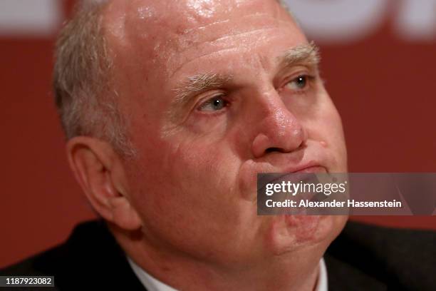 Honorary President of FC Bayern Muenchen Uli Hoeness looks on during a pressconference after the annual general meeting of FC Bayern Muenchen at...