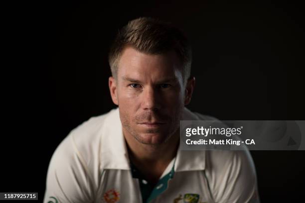 David Warner poses during the Cricket Australia Men's Test Team Headshots Session on October 04, 2019 in Sydney, Australia.