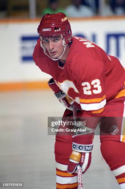 Stephane Matteau of the Calgary Flames skates against the Toronto Maple Leafs during NHL game action on November 3, 1990 at Maple Leaf Gardens in...