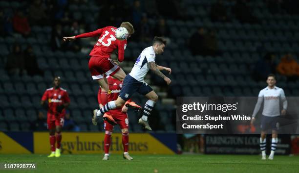 Fulham's Tim Ream and Preston North End's Sean Maguire during the Sky Bet Championship match between Preston North End and Fulham at Deepdale on...