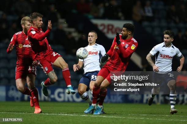 Preston North End's Billy Bodin battles with Fulham's Joe Bryan and Cyrus Christie during the Sky Bet Championship match between Preston North End...