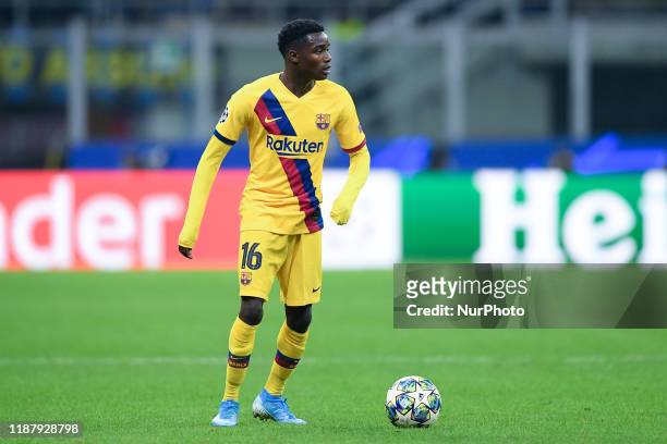 Moussa Wague of Barcelona during the UEFA Champions League stage match between Internazionale and Barcelona at Stadio San Siro, Milan, Italy on 10...