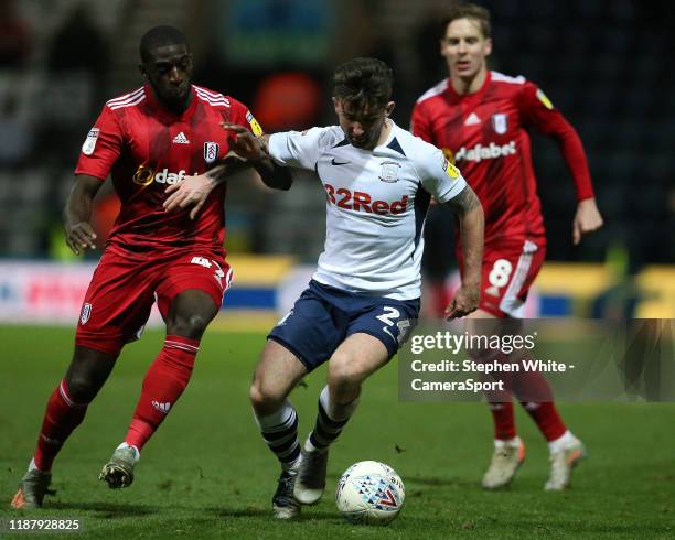 Preston North End's Sean Maguire shields the ball from Fulham's Aboubakar Kamara during the Sky Bet Championship match between Preston North End and...