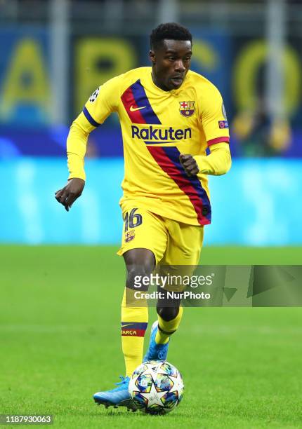 Moussa Wague of Barcelona during the UEFA Champions League Group F match Fc Internazionale v Barcelona Fc at the San Siro Stadium in Milan, Italy on...
