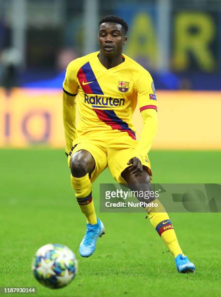 Moussa Wague of Barcelona during the UEFA Champions League Group F match Fc Internazionale v Barcelona Fc at the San Siro Stadium in Milan, Italy on...