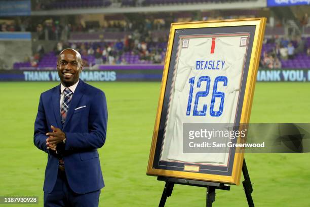 DaMarcus Beasley is honored in a pre-game ceremony prior to the CONCACAF Nations League match between the United States and Canada at Exploria...