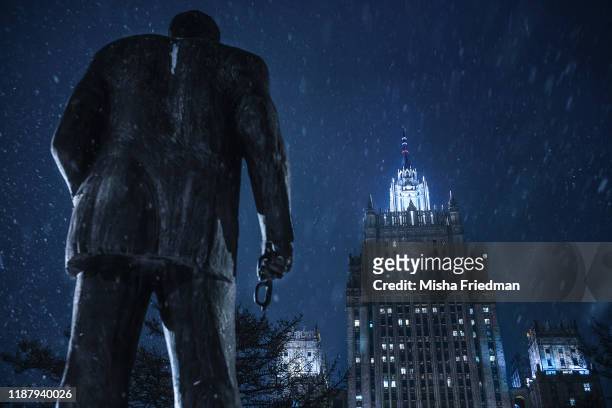 Statue of Russian politician Yevgeny Primakov, the country's former Intelligence Chief, Foreign Minister, and Prime Minister, in Smolenskaya Square...