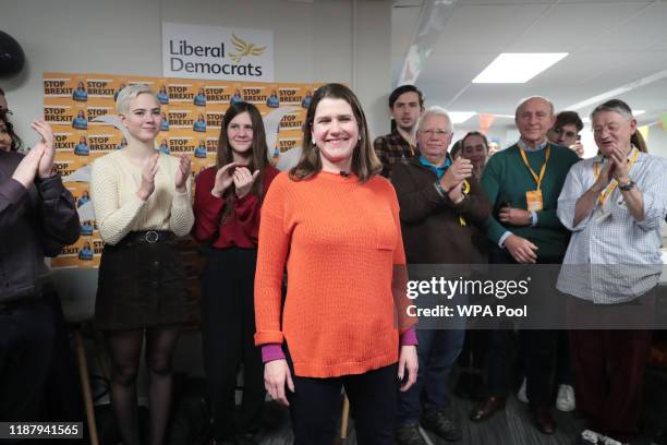 Liberal Democrat leader Jo Swinson during a visit to a Volunteer Hub while on the General Election campaign trail on December 11, 2019 in London,...