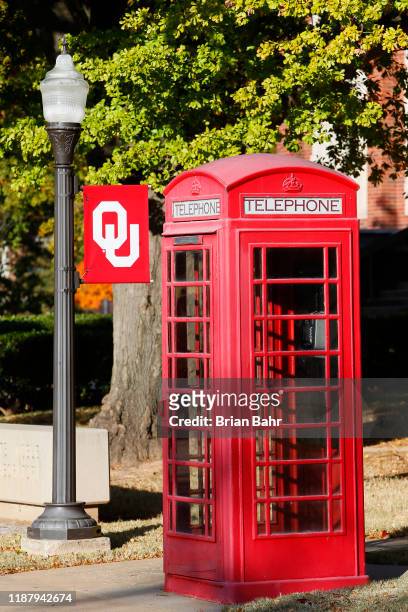 British style phone booth covers a security phone on the University of Oklahoma campus on November 9, 2019 in Norman, Oklahoma.