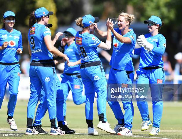 Sophie Devine of the Adelaide Strikers and Lauren Winfield of the Adelaide Strikers celebrates after taking the wicket of Mignon Du Preez of the...