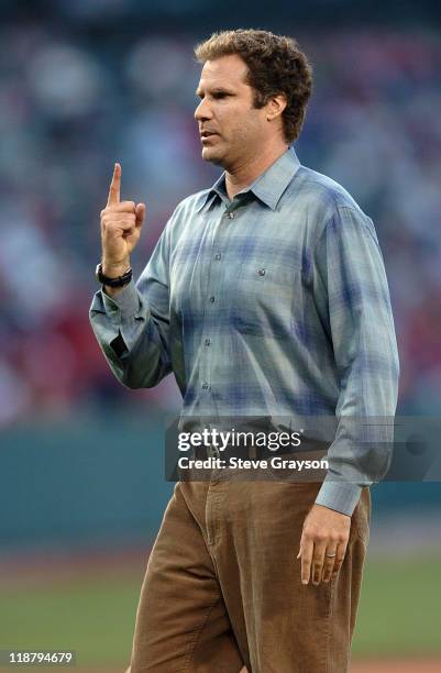 Actor Will Ferrell throws out the ceremonial first pitch prior to the start of the contest between the Chicago Cubs and the Anaheim Angels at Angel...