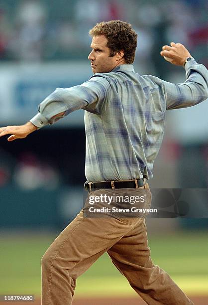 Actor Will Ferrell throws out the ceremonial first pitch prior to the start of the contest between the Chicago Cubs and the Anaheim Angels at Angel...